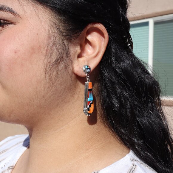 Handcrafted Native American Zuni Sun Face Inlay‎ Spiny Oyster Dangle Earrings ** - Picture 9 of 12